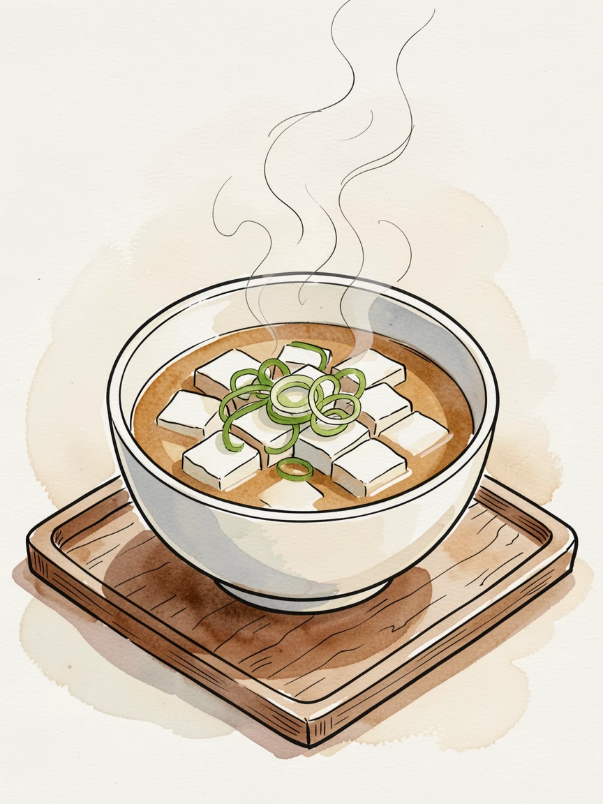 A steaming bowl of miso soup with tofu and scallions on a wooden tray, the aroma almost palpable in the soft afternoon light.