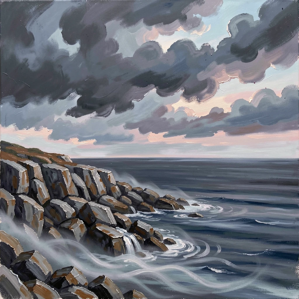 A wall of storm clouds building over the ocean, mist curling low across the ground, over a rugged, rocky coastline, during the first light of a misty morning.