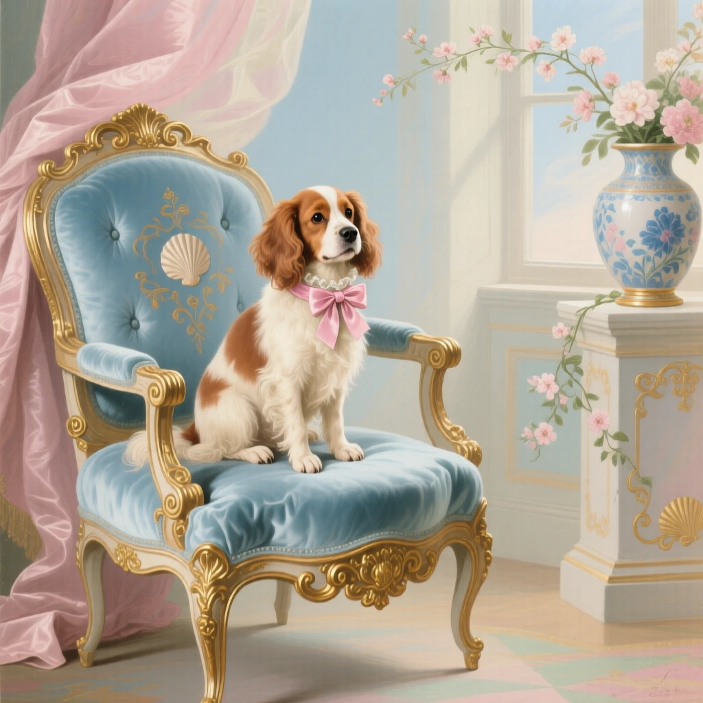 A royal spaniel wearing a ribbon collar beside a velvet chair  