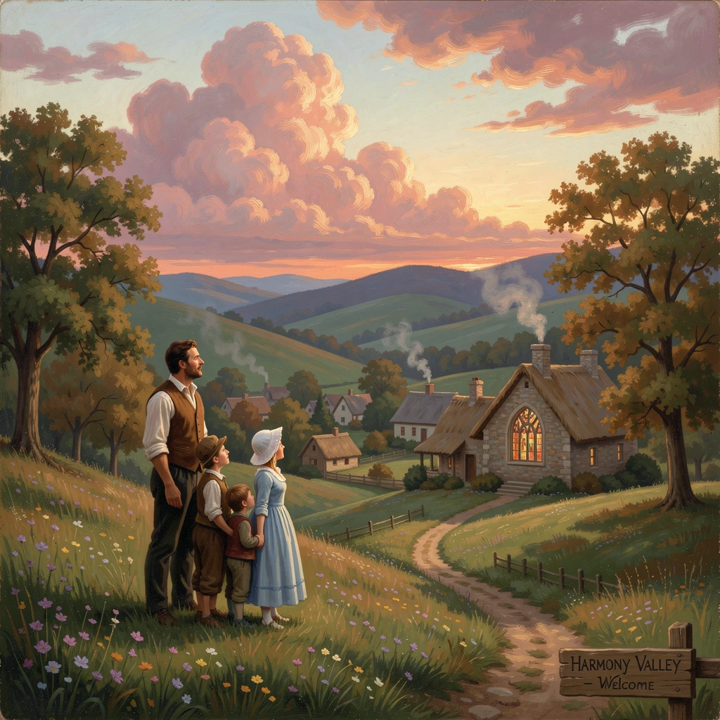 A family on a hillside gathers beneath clouds glowing pink above rolling hills over a quiet village.