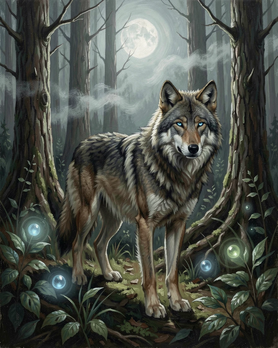 A mystical wolf with glowing eyes watching from the treeline of a moonlit forest, as glowing magical elements illuminate the surrounding darkness, designed to captivate the imagination while feeling grounded in realism