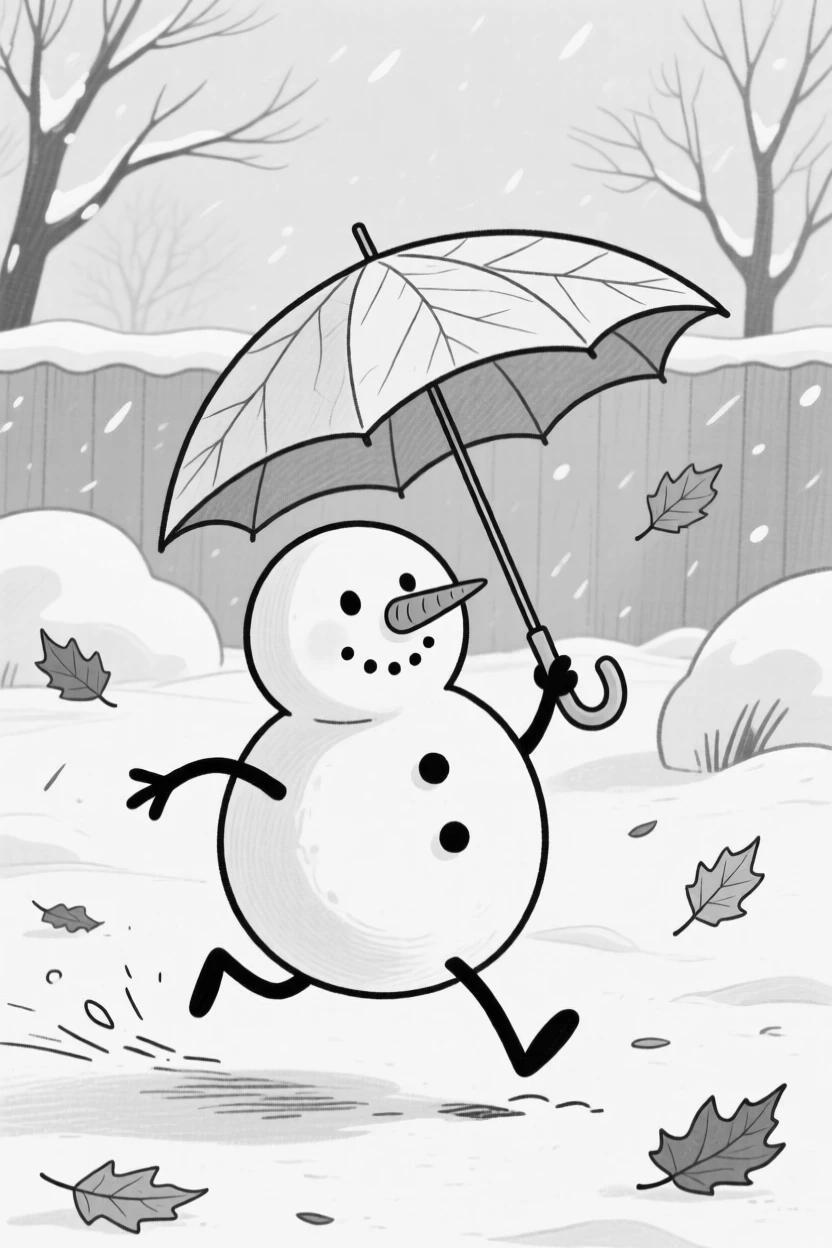 A snowman with a crooked carrot nose and lopsided grin, sprinting for cover under one flimsy leaf as an umbrella, set in a snow-covered front yard. A gentle breeze sends more leaves fluttering down. The scene celebrates nature's simple, joyful surprises.