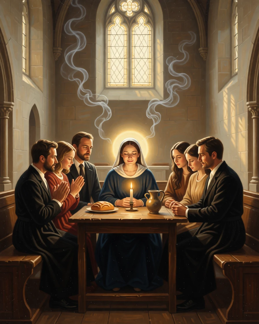 A family gathered in gratitude around a humble evening table at the quiet culmination of a long inner journey, set within a sunlit chapel filled with drifting incense smoke, with soft, radiant light breaking gently through clouds or stained glass; the composition places the central figure within a halo of natural light, suggesting the enduring comfort of belief and community.