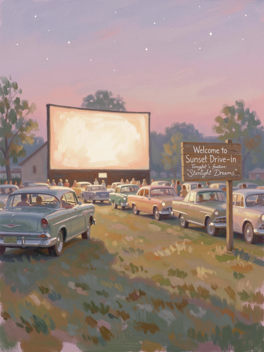 A vintage drive-in movie theater at dusk, families gathered in cars beneath a glowing screen, filled with warmth and nostalgia.