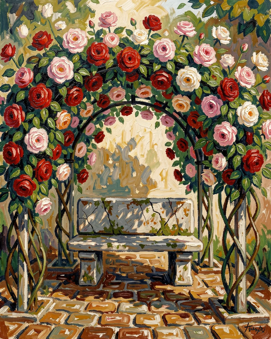 A rose arbor in full bloom framing a stone bench in a quiet courtyard.