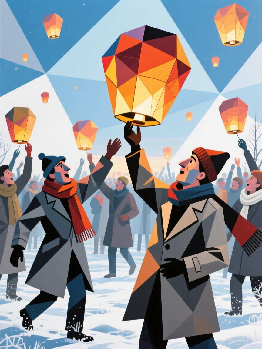 An energetic scene of a lantern festival crowd releasing glowing lanterns, captured on a crisp winter morning.