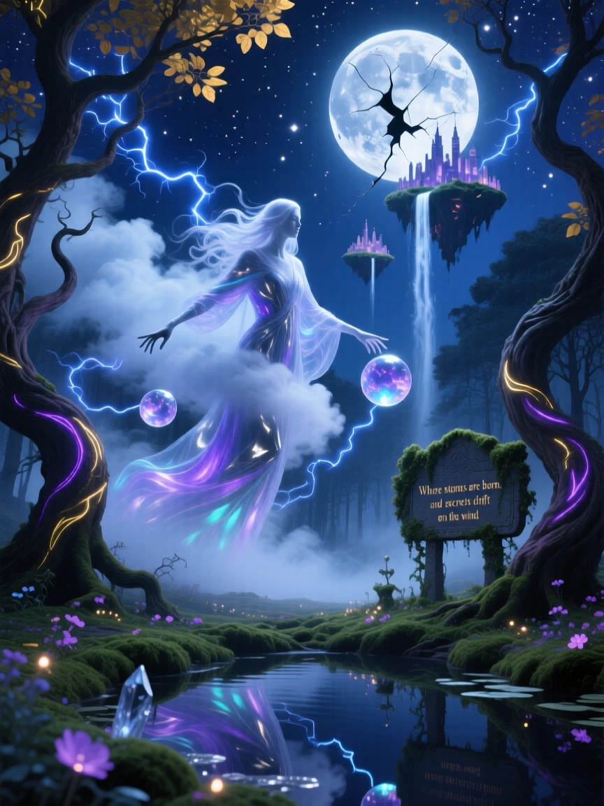 A cloud spirit shaping storms with slow, graceful gestures drifts quietly along the edge of a moonlit forest, as the whole scene glows faintly under a starlit sky.