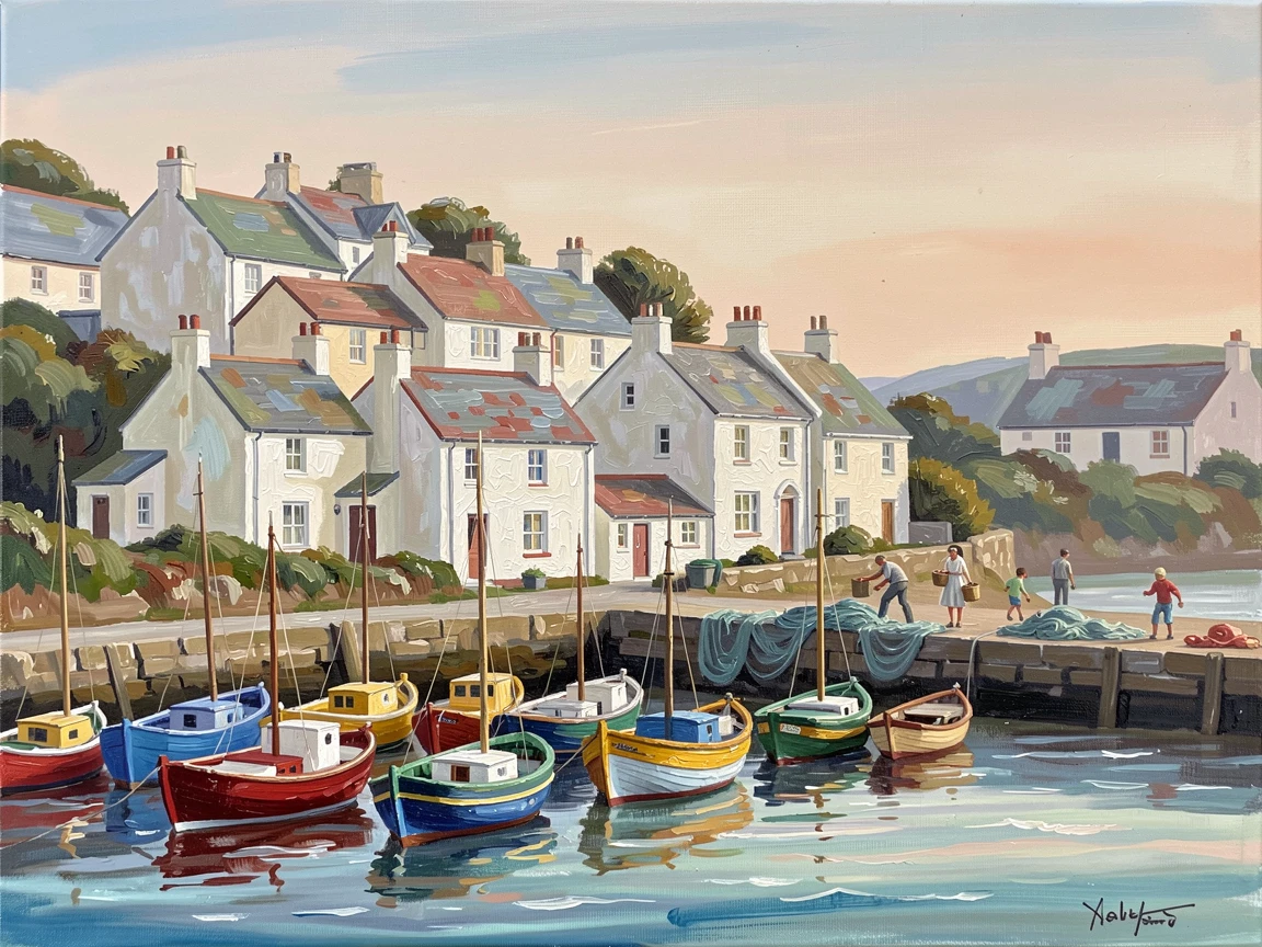 A charming seaside town in Cornwall shows whitewashed cottages tumbling down toward a small harbor filled with colorful fishing boats, local life visible in the background, adding a quiet sense of authenticity to the scene.