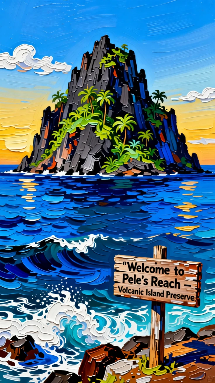 A rugged volcanic island rising from the deep blue Pacific Ocean
