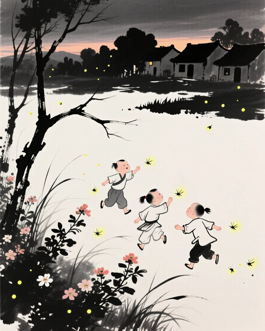 Children chase fireflies through a garden at dusk, as the last light of day fades over the village.