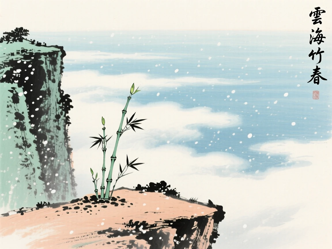 A cliffside overlook facing an endless sea of clouds, full of quiet reverence, as new bamboo shoots break through the soil, beneath softly falling snow.