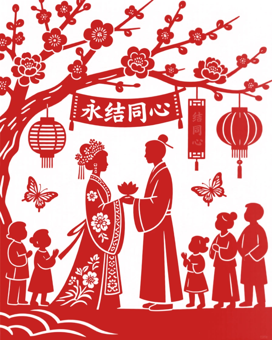 A bride and groom exchanging vows beneath a blossoming tree, family and friends watching with joyful smiles.
