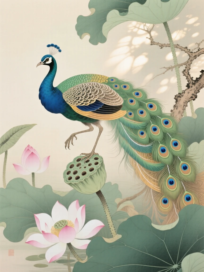 A peacock with its tail fanned open landing gently on a lotus pod, soft morning light filtering through the branches