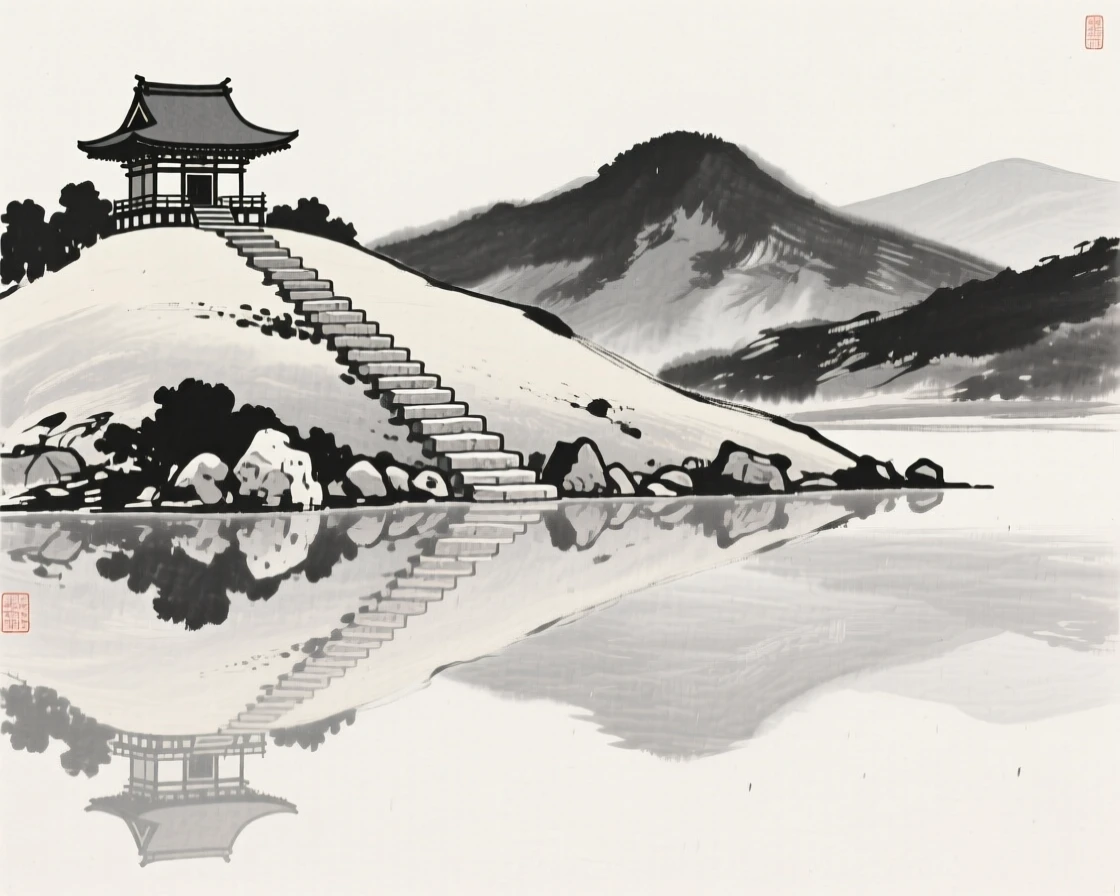 A stone staircase leading up to a hilltop temple against a backdrop of distant mountains, seen from across still water, reflected on the surface, suggesting timeless craftsmanship and peaceful tradition.