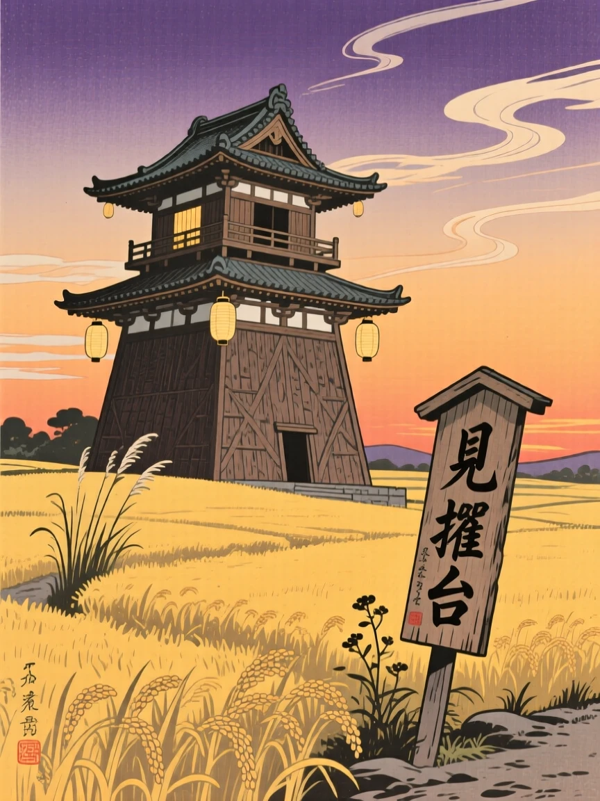An ancient city watchtower standing alone in a golden evening field.