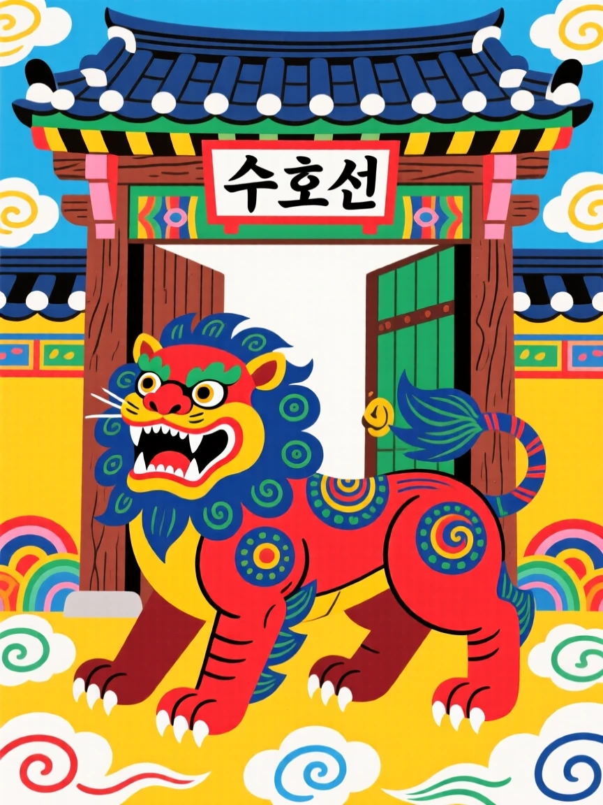 A fierce guardian lion statue, standing guard at a temple gate.