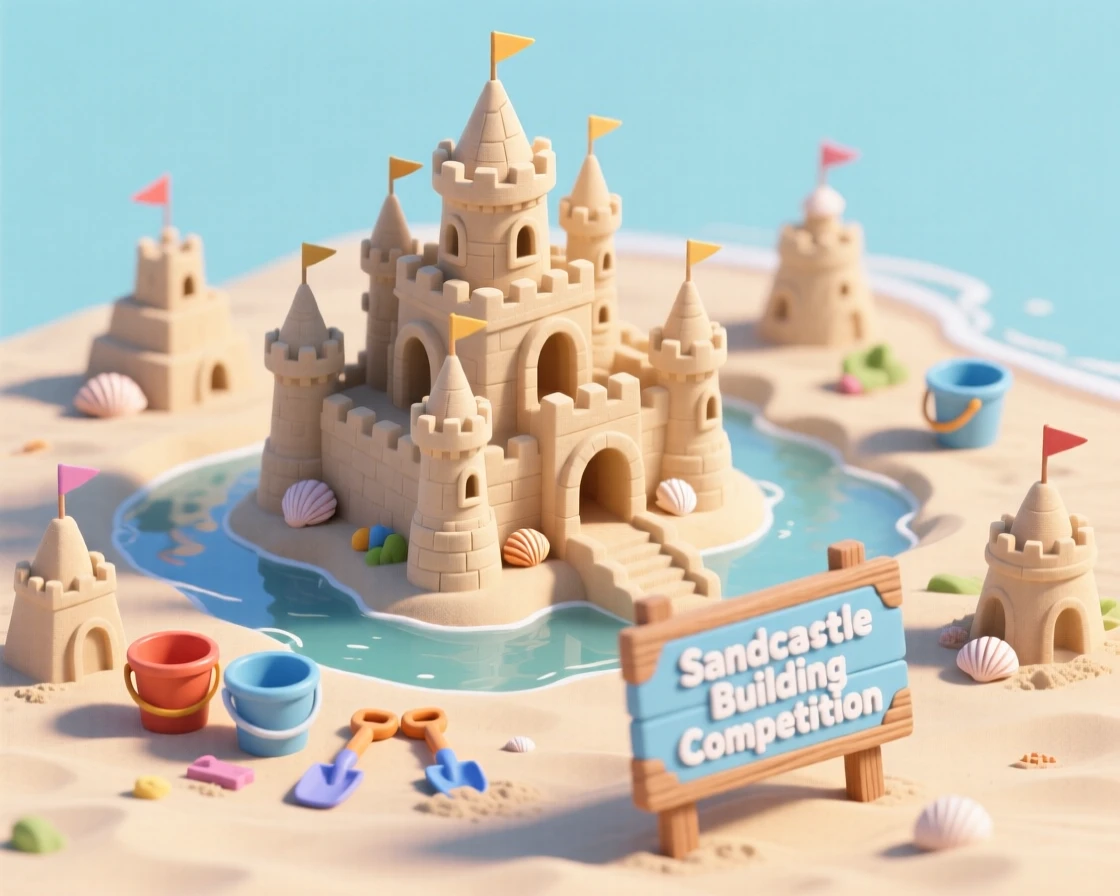 A sandcastle building competition on a beach, elaborate turrets and moats being carved with buckets and small shovels nearby.