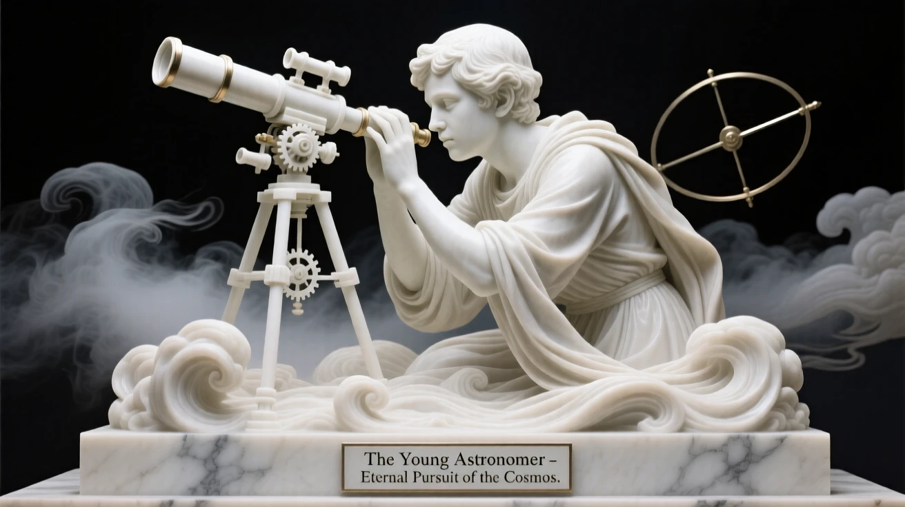 An evocative depiction of a young astronomer gazing through a telescope, amid swirling clouds and mist, balancing detail with emotional depth