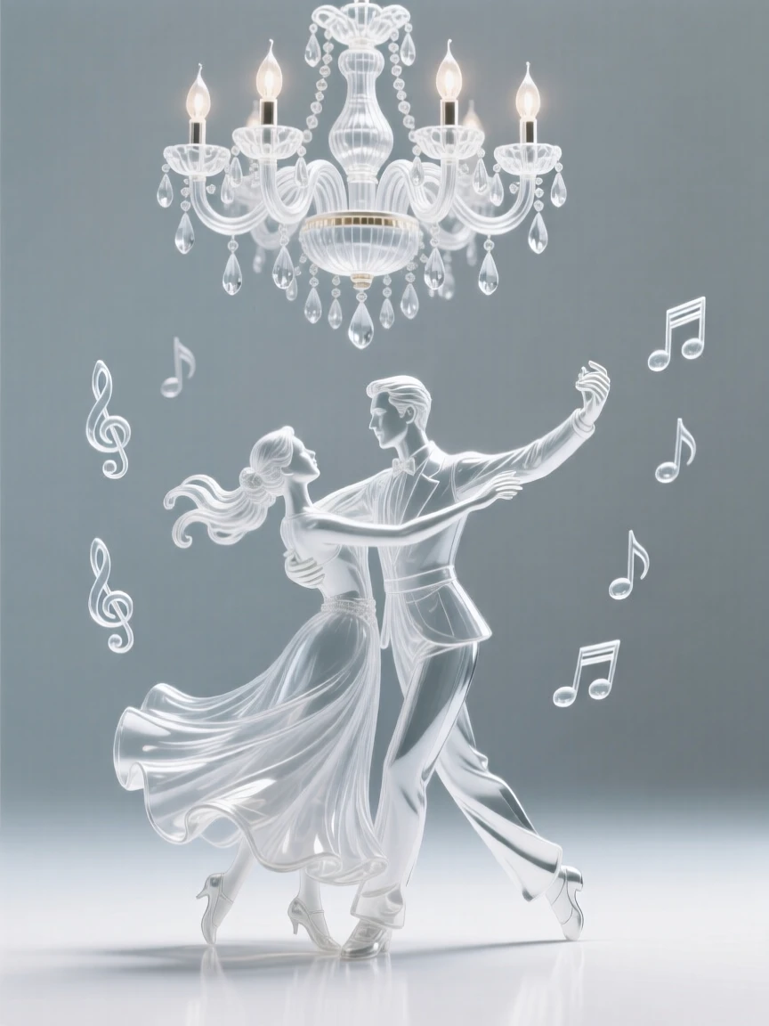 A ballroom couple mid-spin beneath a grand chandelier as the crowd sways gently to the rhythm of the music, while notes seem to hang in the air around them