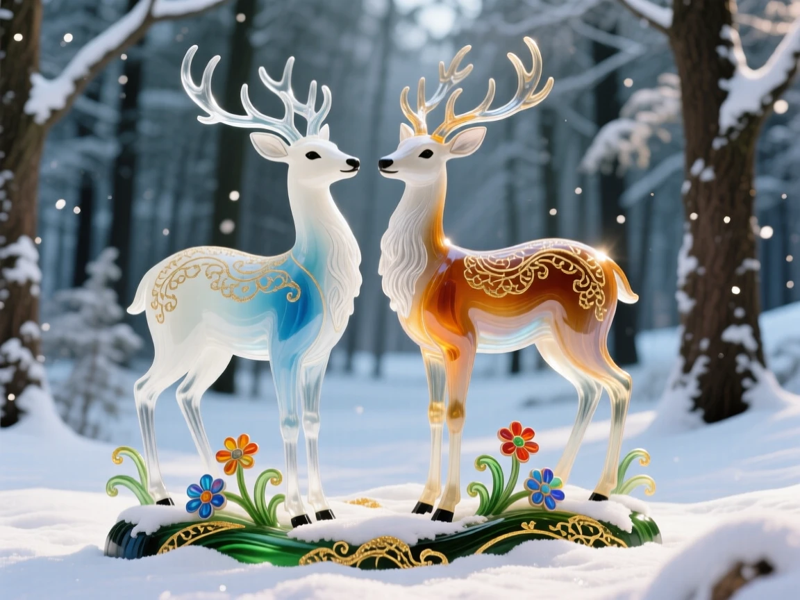 A pair of deer standing together in a snow-dusted forest clearing, gentle and serene.