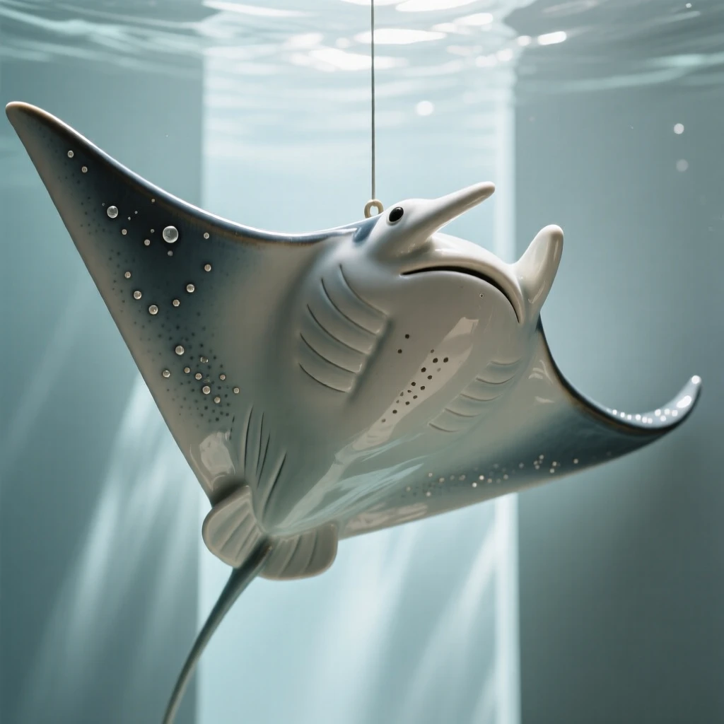 A majestic manta ray gliding overhead suspended in a shaft of filtered sunlight, dotted with tiny, glimmering droplets, capturing a fleeting moment of underwater grace.
