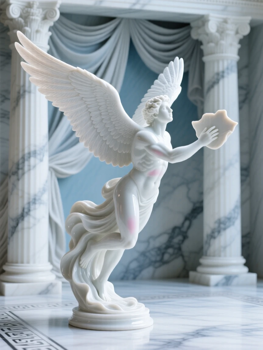 A mythological moment: Icarus in flight gathering in a marble temple, rendered with timeless, classical grace.