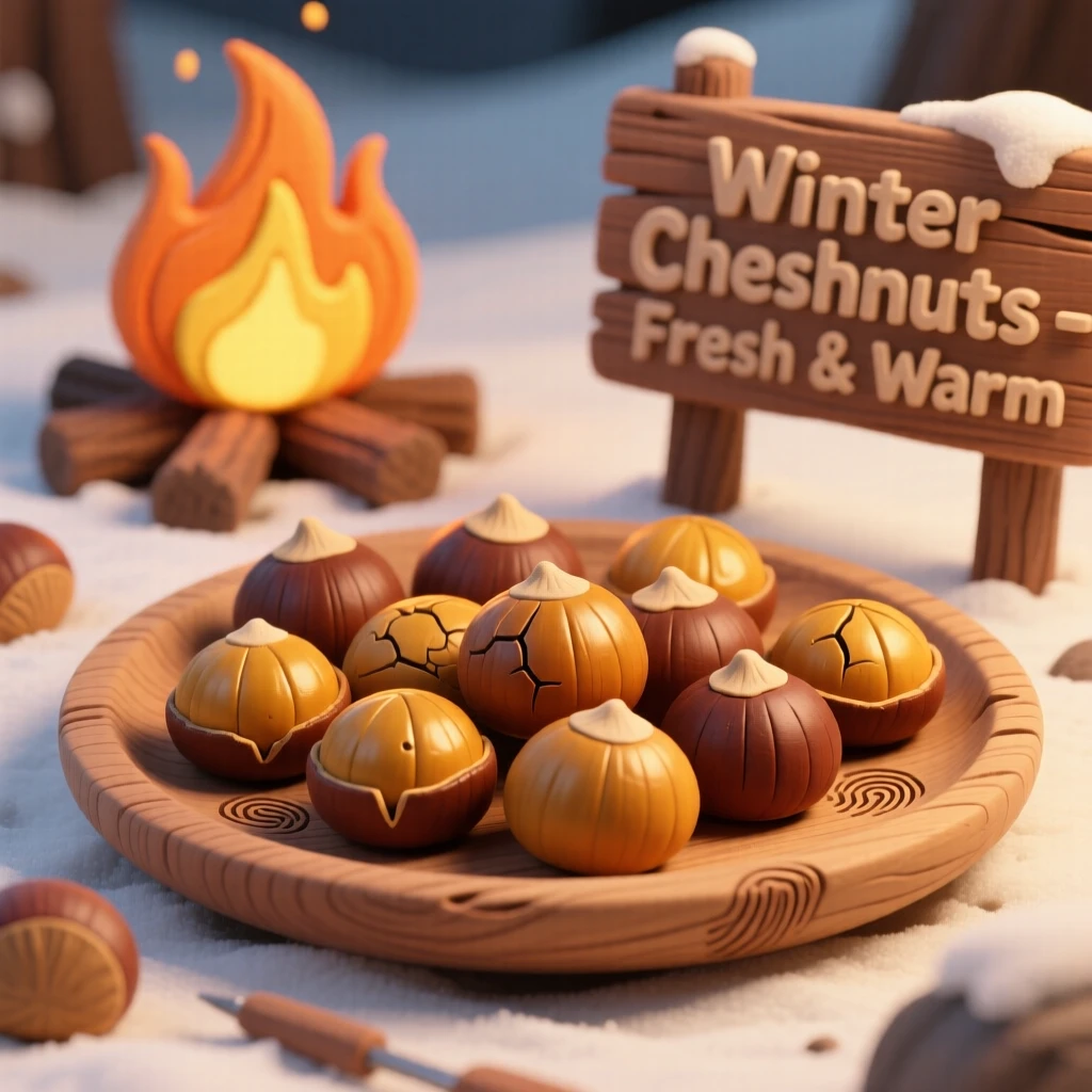 A tray of golden roasted chestnuts fresh from a winter fire