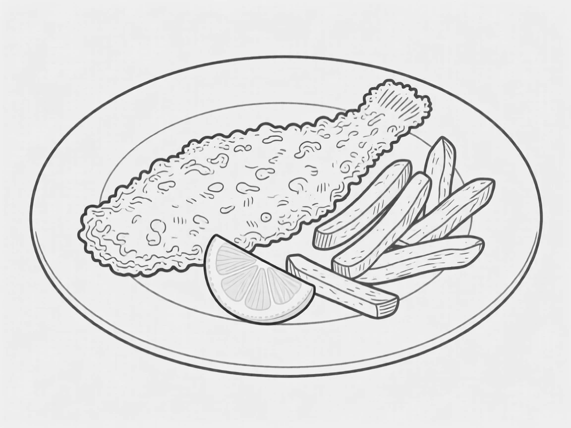 A plate of fish and chips with a lemon wedge garnish