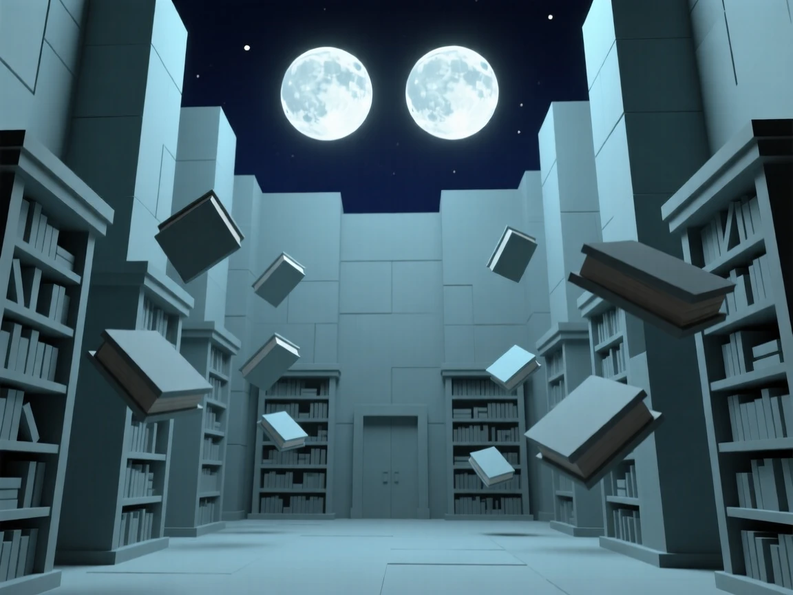 A mystical library with floating books, beneath twin moons glowing in the night sky. the scale of the scene emphasizes its grandeur. A sense of quiet enchantment fills the air.