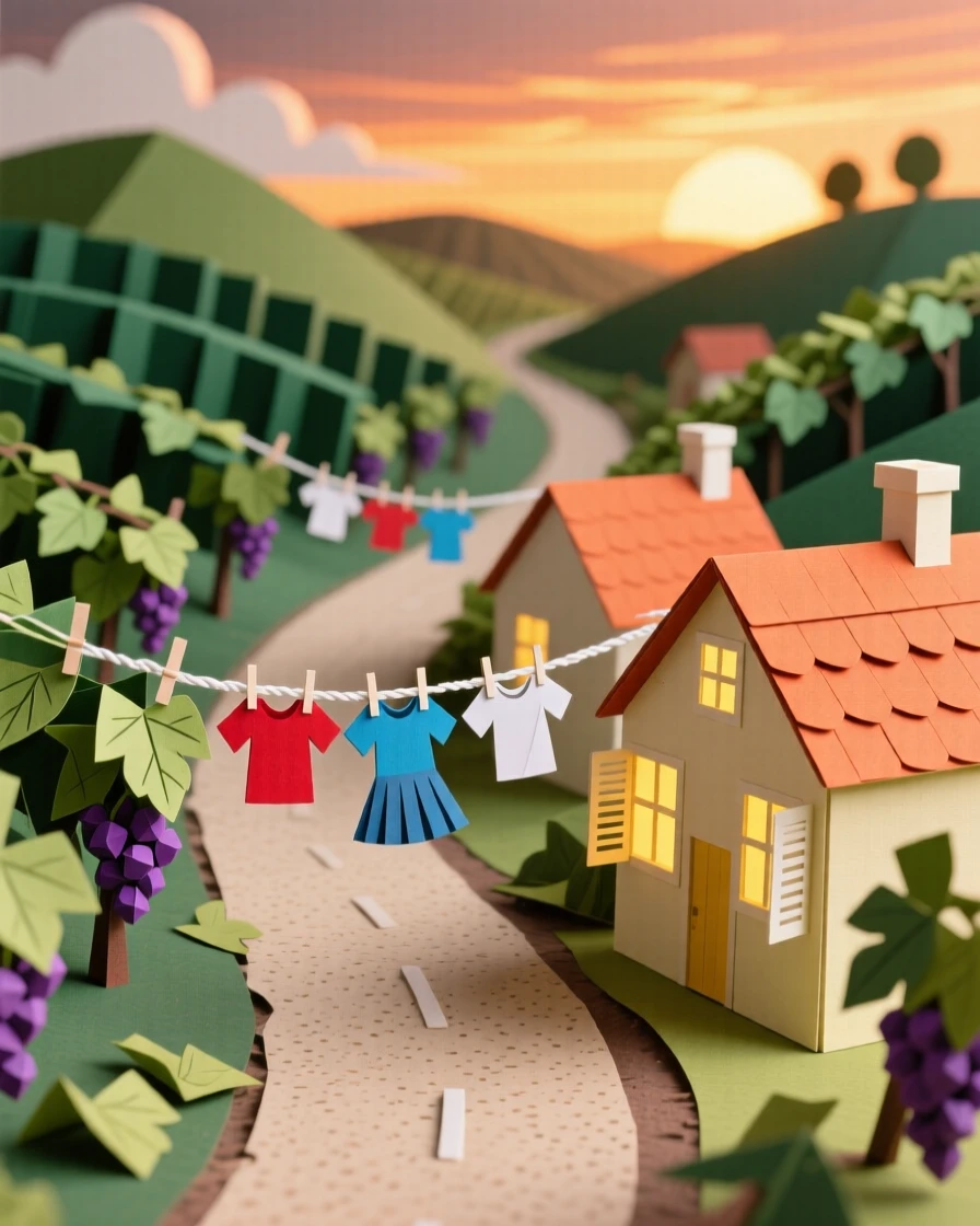 A vineyard-covered countryside road glowing warmly at sunset, with laundry lines strung between windows, conveying vibrant local energy.