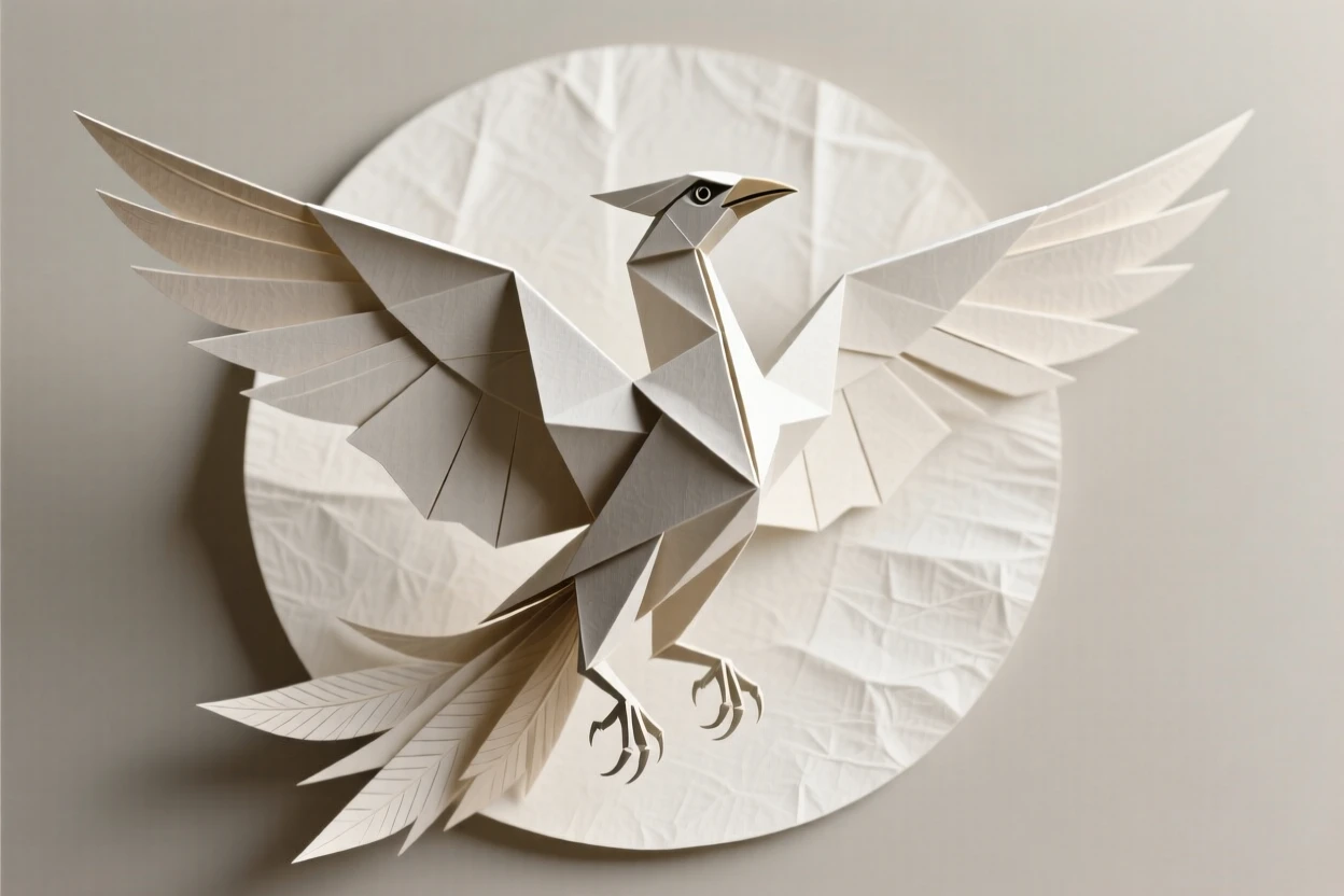 A stylized phoenix rising with wings spread in a circular decorative composition.