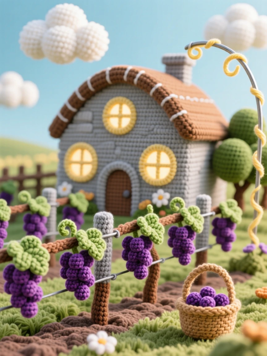 A picturesque scene featuring a quiet vineyard at harvest time, with rows of ripening grapes, stretching toward a distant stone farmhouse beneath a sky scattered with soft clouds, accompanied by a soft beam of light breaking through the trees, capturing a serene, storybook tranquility.