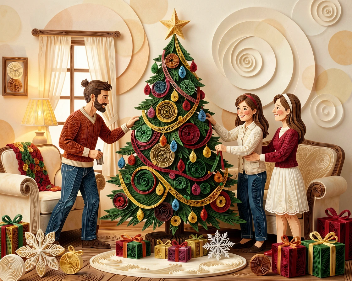 a family decorating a Christmas tree together, in a softly lit living room decorated for the holidays, framed with soft bokeh in the background, in soft, cozy tones of amber and cream.
