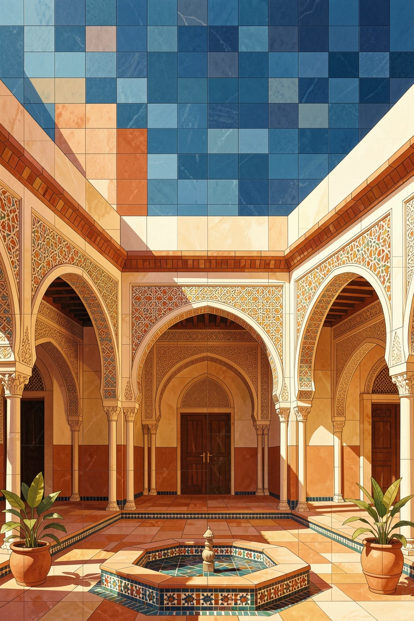 A breathtaking wide-angle view of a traditional Moroccan riad courtyard with intricate archways, with rich warm lighting and fine architectural detail.
