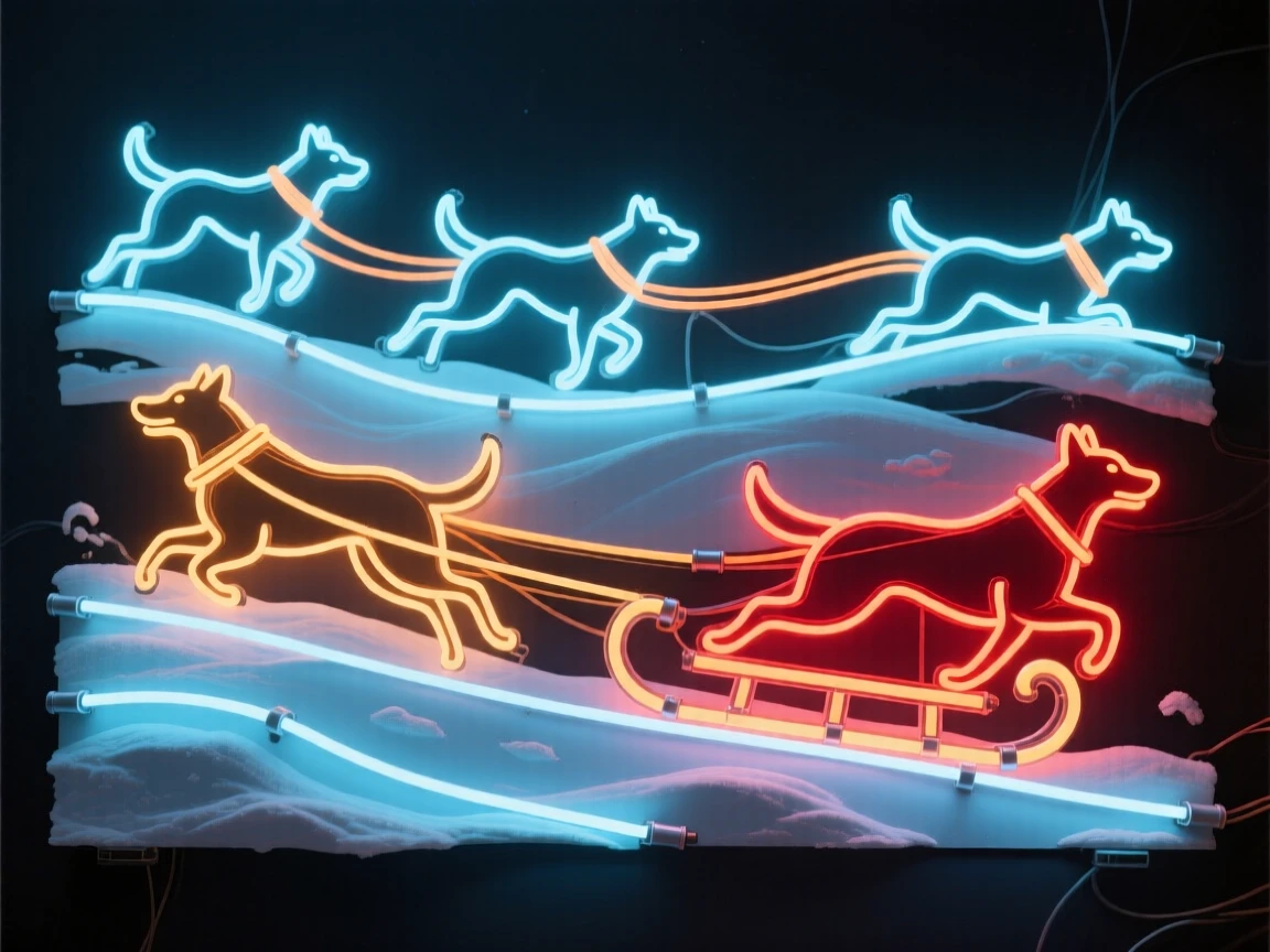 A lively scene of a team of sled dogs pulling a sled across a snowy expanse.