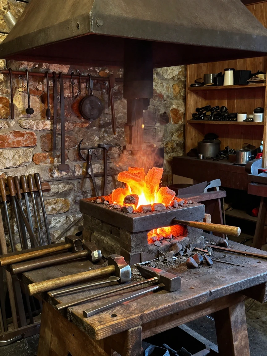 A blacksmith forge glowing with hot coals and tools