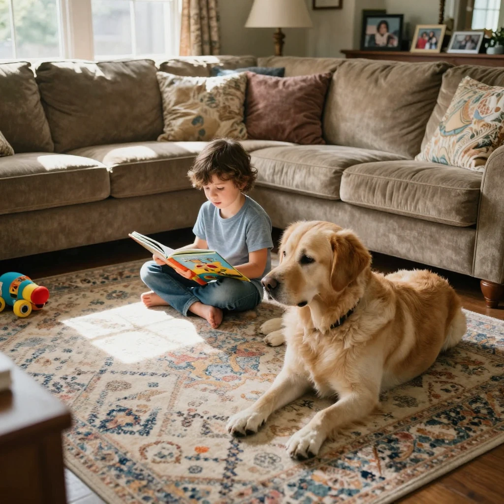 A child practices reading aloud to a patient family dog on the living room rug.