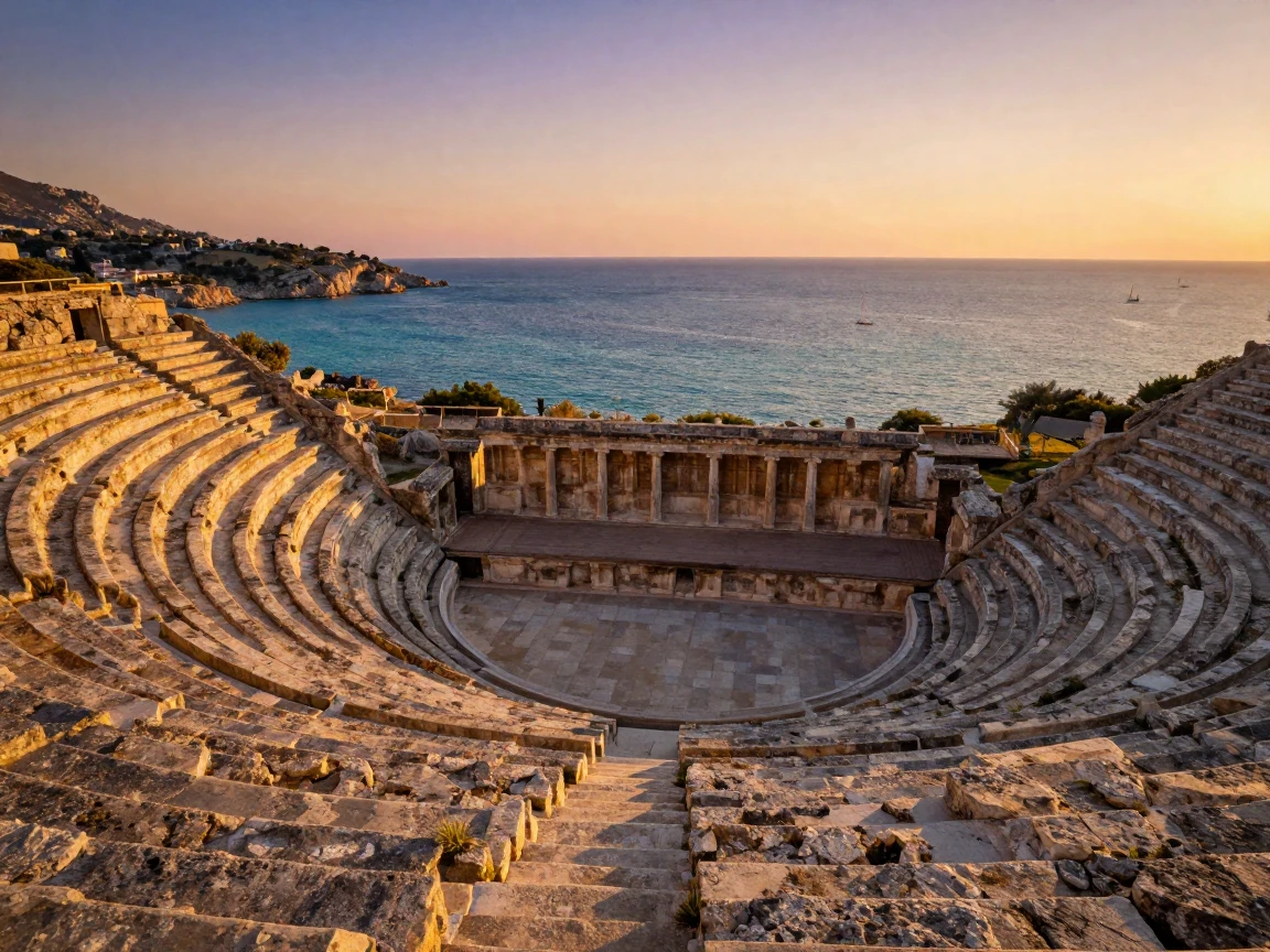 An ancient amphitheater bathed in warm light standing quietly along the coast of a Mediterranean island