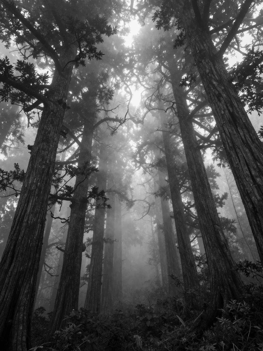 A fog-covered forest sits shrouded in swirling mist deep within an ancient forest.