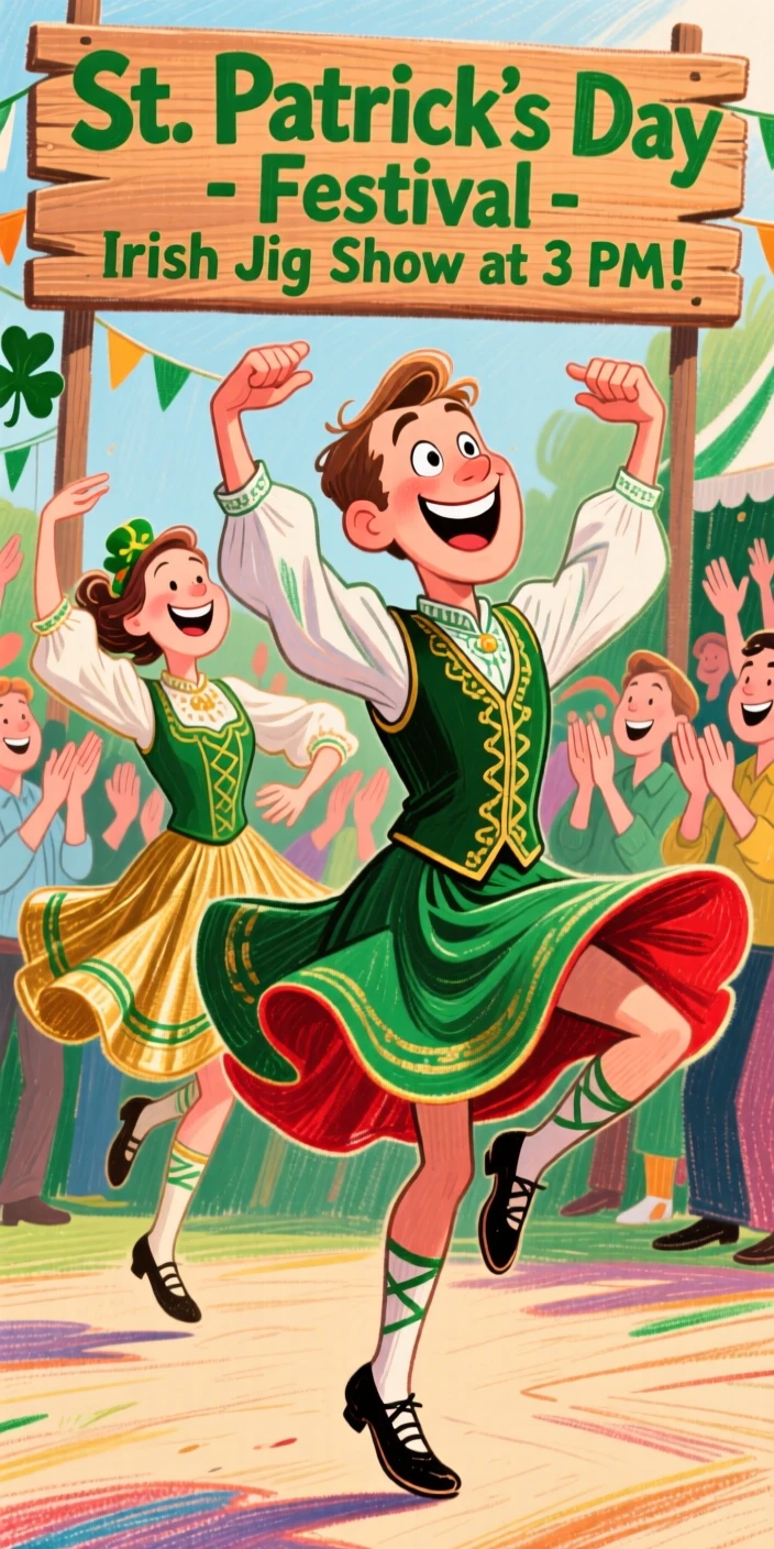 Dancers performing a traditional Irish jig at a lively St. Patrick's Day festival.
