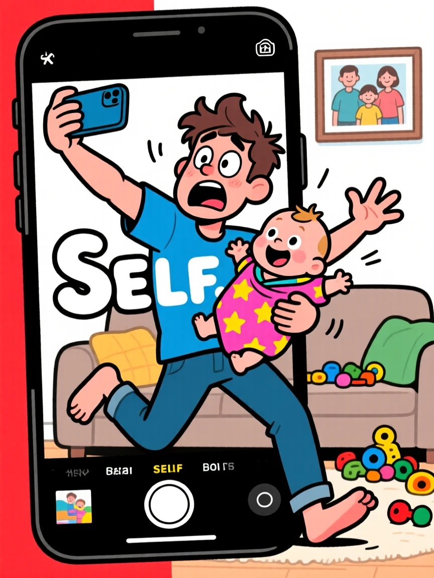 A funny expressive moment showing a new dad attempting a selfie that goes hilariously wrong, with arms flailing for balance.