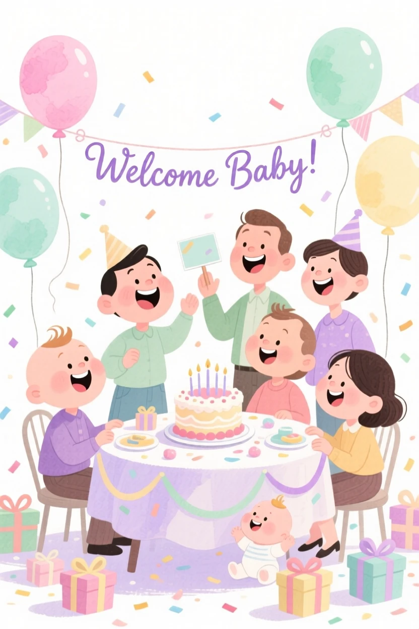A joyful celebration scene of a baby shower with pastel balloons and tiny gifts, sparkling with celebratory energy