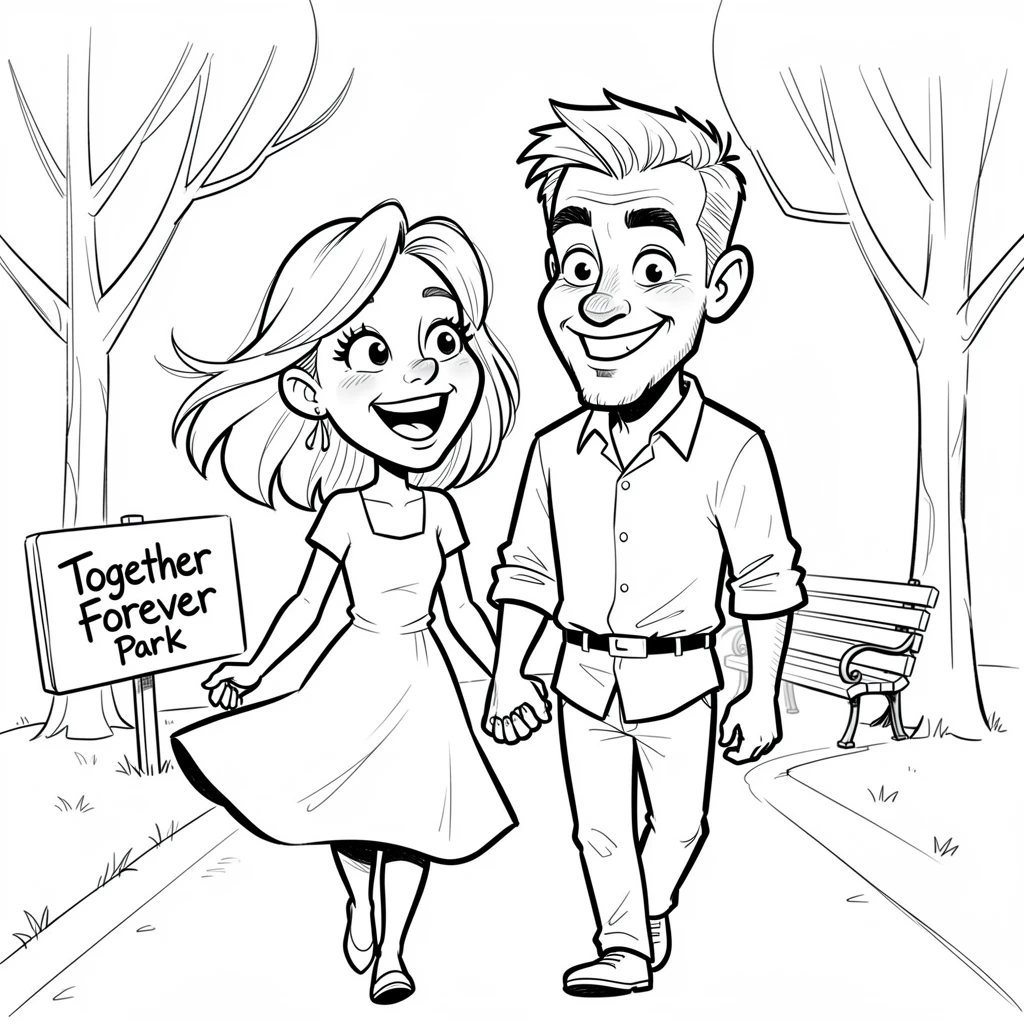 [Family & Relationship Moments] Heartwarming scene of a playful engaged couple walking together through a park, radiating love and warmth