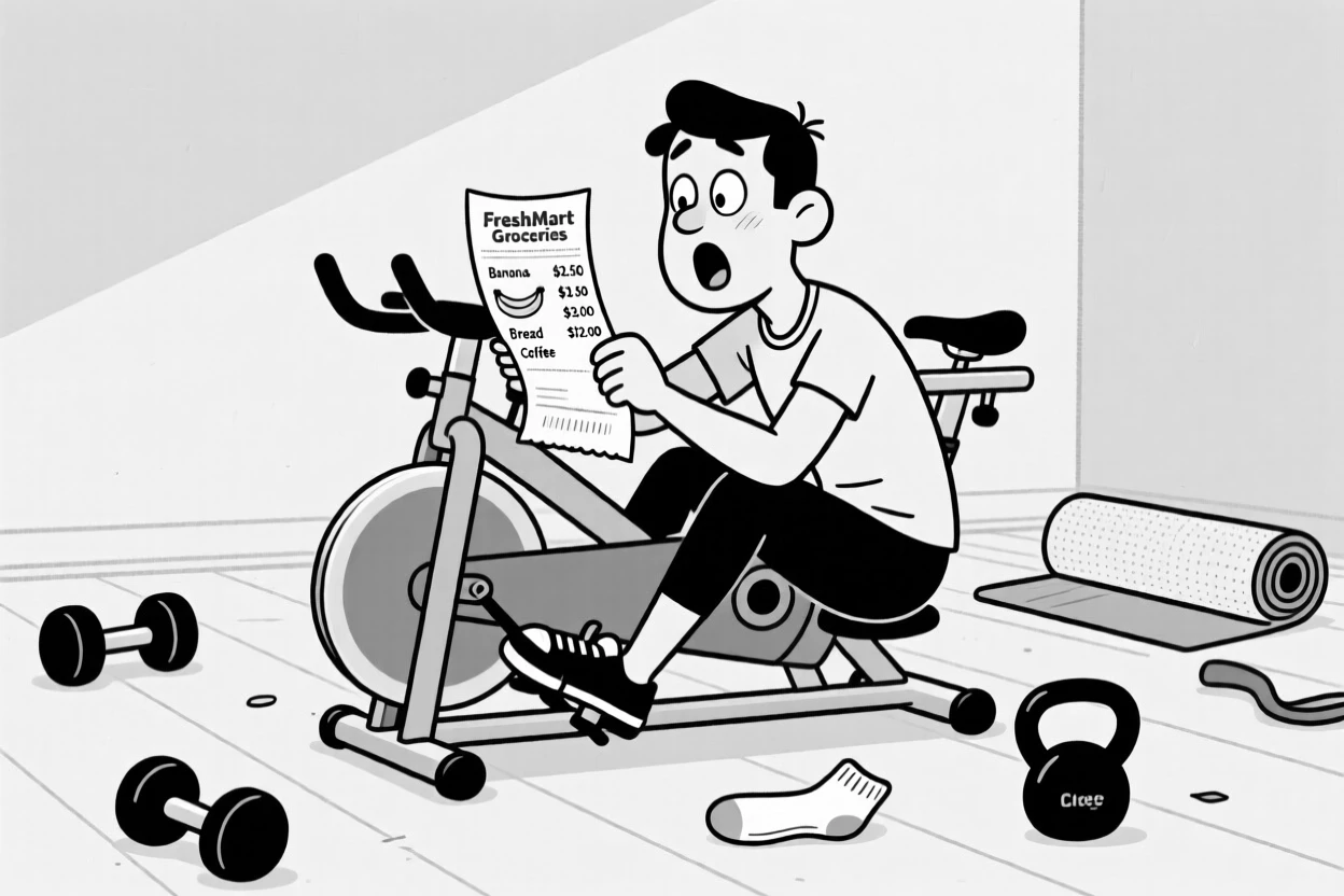 A person doing an enormous double-take at a grocery receipt, cranking the wheel back and forth for the tenth time, set on a gym floor surrounded by unused equipment. A single sock lies abandoned nearby. The scene captures the comedy hidden in ordinary days.