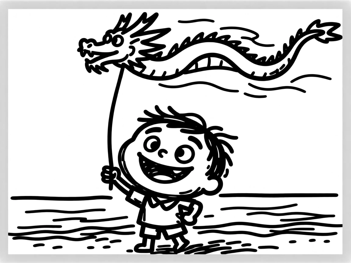 A child flying a colorful kite shaped like a dragon on a windy beach.