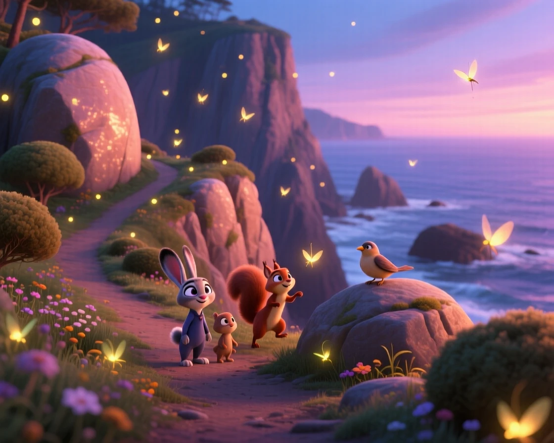 A rugged coastal cliff glows as fireflies begin to flicker in the twilight, with a narrow path winding through the scene. A calming stillness settles over the landscape.