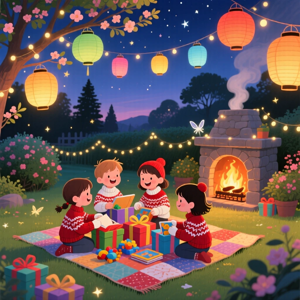 In a lantern-strung garden, children in matching mittens celebrate together by opening presents beside a crackling fireplace, with twinkling lights strung overhead.