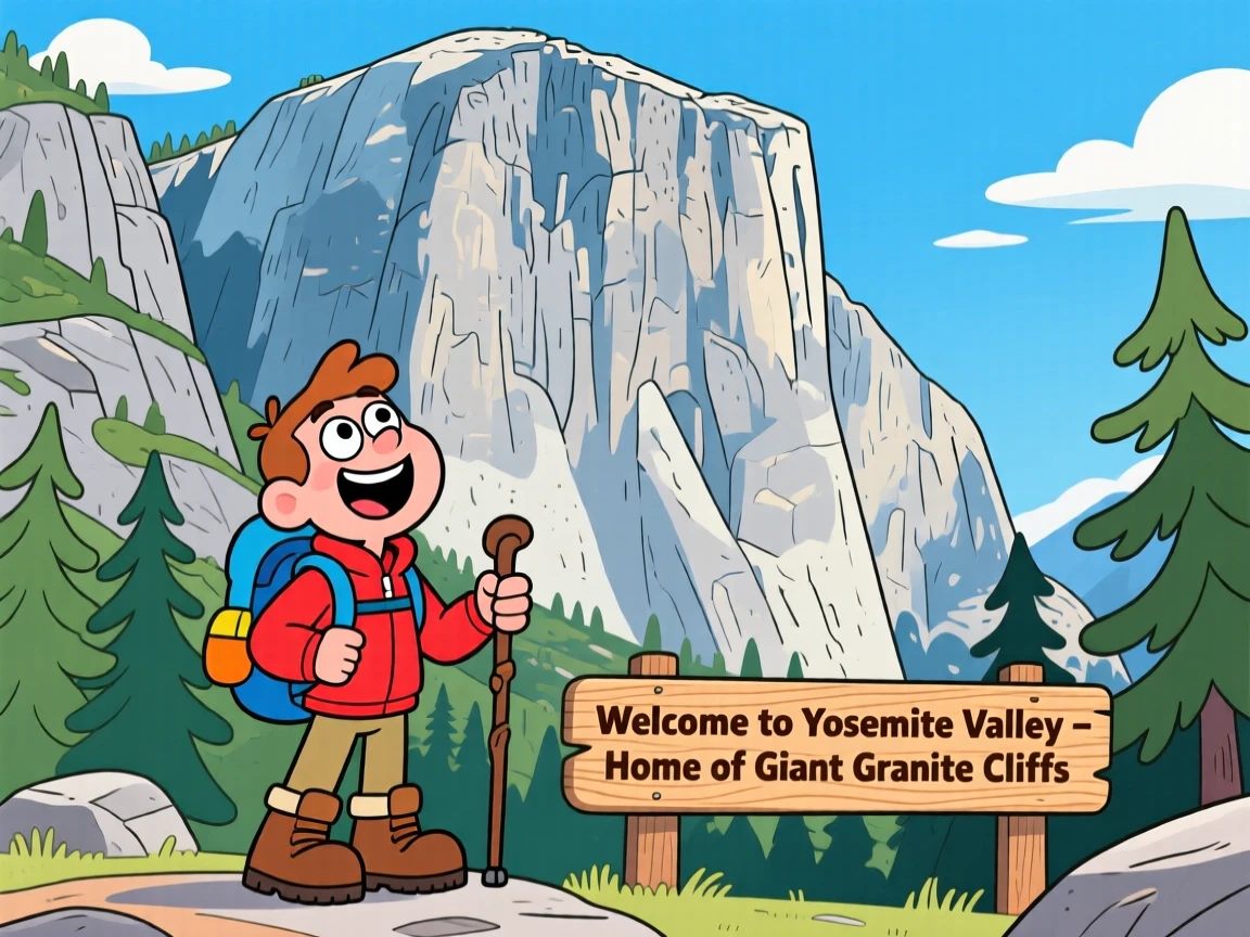 A hiker admiring giant granite cliffs in Yosemite Valley.