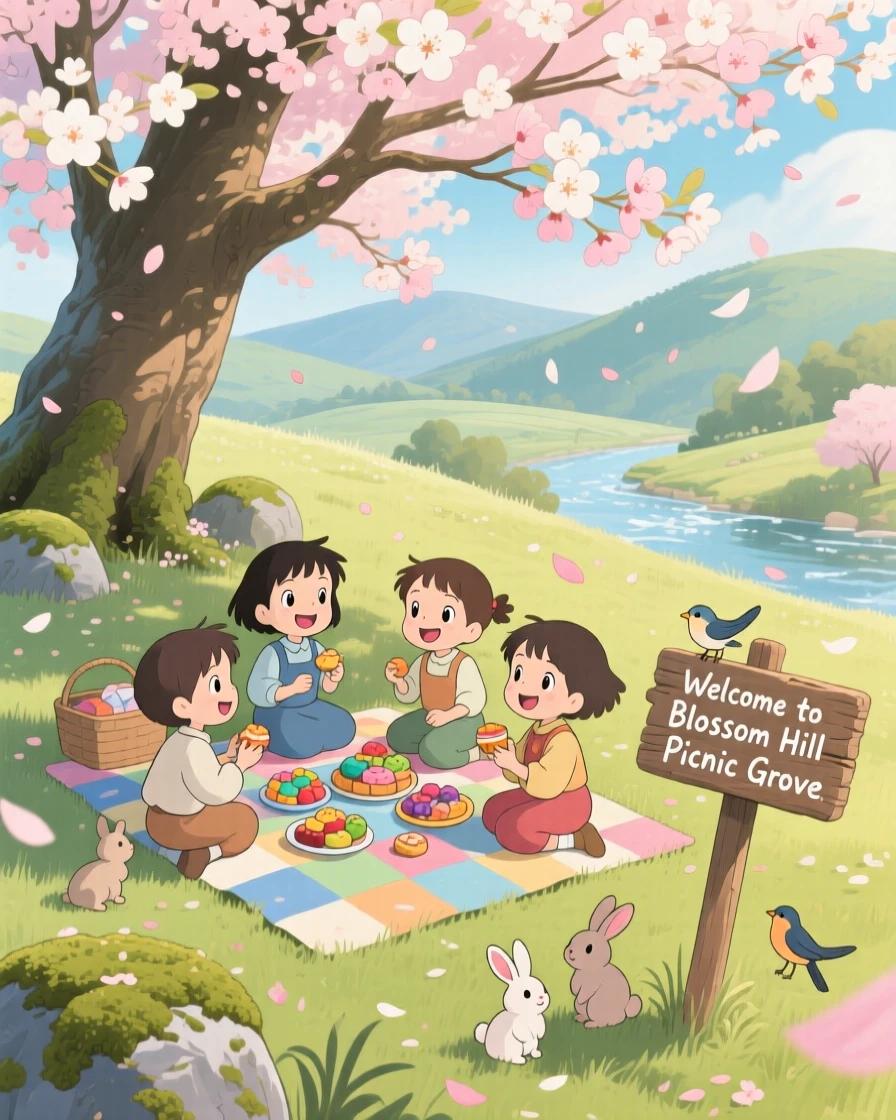Children having a picnic under a blossoming tree, the moment carefree and joyful.