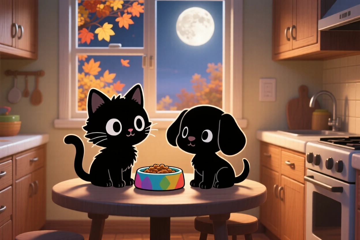 In a cozy kitchen corner, a kitten and a puppy are sharing a single food bowl on a crisp autumn afternoon, bathed in soft moonlight, expression full of wide-eyed wonder. Shot as a silhouette composition.